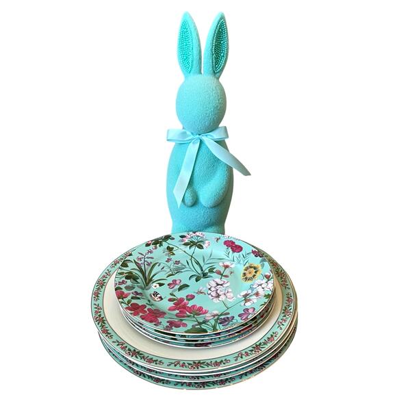 Grace Teaware Fine Porcelain 9in Salad Plates Aqua Blue Floral Set of 4 New - Picture 15 of 15